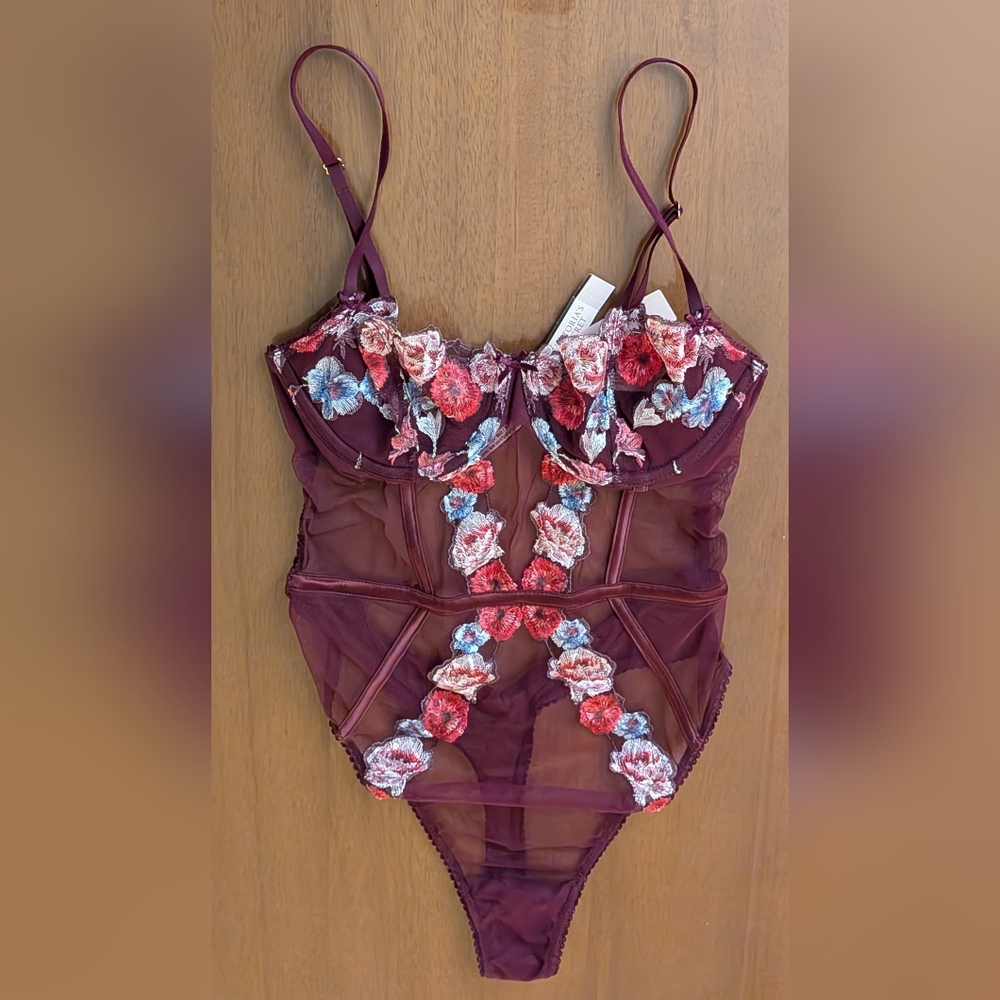 NWT Victoria's Secret Floral Embroidered Maroon Thong Bodysuit
